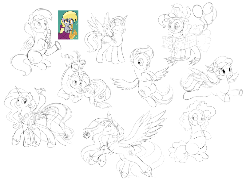 Size: 8000x6000 | Tagged: safe, artist:wownamesarehard, derpibooru import, derpy hooves, discord, fluttershy, philomena, pinkie pie, princess celestia, princess twilight 2.0, sunny starscout, twilight sparkle, twilight sparkle (alicorn), zipp storm, alicorn, draconequus, earth pony, pegasus, phoenix, pony, my little pony: a new generation, my little pony: pony life, my little pony: tell your tale, the last problem, spoiler:g5, spoiler:my little pony: a new generation, spoiler:my little pony: tell your tale, clothes, crystal, derpibooru exclusive, dress, earth pony crystal, female, g4, g5, group, high res, image, male, mare, monochrome, musical instrument, older, older twilight, pegasus crystal, png, race swap, saxophone, screencap reference, simple background, sketch, sketch dump, sunnycorn, unicorn crystal, unity crystals, white background, windy (g5)