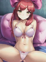 Size: 512x683 | Tagged: suggestive, derpibooru import, editor:sammykun, machine learning generated, novelai, stable diffusion, apple bloom, human, bed, bra, breasts, clothes, humanized, image, jpeg, lingerie, on bed, panties, pillow, reasonably sized breasts, seductive, sexy, spread legs, spreading, teenager, underwear