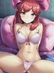 Size: 512x683 | Tagged: suggestive, derpibooru import, editor:sammykun, machine learning generated, novelai, stable diffusion, apple bloom, human, g4, bed, bra, breasts, clothes, female, humanized, image, jpeg, lingerie, on bed, panties, pillow, prompter:sammykun, reasonably sized breasts, seductive, sexy, solo, solo female, spread legs, spreading, teenager, underwear