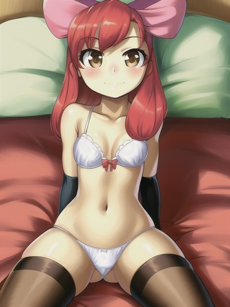 Size: 512x683 | Tagged: suggestive, derpibooru import, editor:sammykun, machine learning generated, novelai, stable diffusion, apple bloom, human, g4, bed, bra, breasts, clothes, female, gloves, humanized, image, jpeg, legwear, looking at you, on bed, panties, pantyhose, pillow, prompter:sammykun, small breasts, solo, solo female, underwear, white underwear