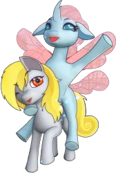 Size: 1652x2463 | Tagged: safe, artist:rainofbladess, derpibooru import, ocellus, oc, oc:lightning rider, changedling, changeling, pegasus, pony, derpibooru community collaboration, 2023 community collab, female, happy, image, looking at you, male, not derpy, ocellus riding oc, open mouth, png, ponies riding ponies, riding, riding a pony, simple background, smiling, spread wings, tongue out, transparent background, waving, wings