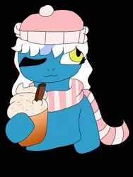 Size: 1200x1600 | Tagged: safe, artist:void-0f-eyes, derpibooru import, oc, oc:fleurbelle, unofficial characters only, alicorn, pony, alicorn oc, black background, clothes, coffee, drink, female, food, hat, horn, image, jpeg, latte, mare, scarf, simple background, solo, striped scarf, wings, yellow eyes