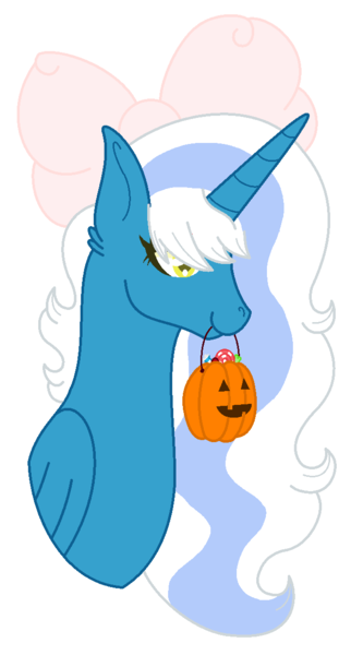 Size: 660x1228 | Tagged: safe, artist:sina142, derpibooru import, oc, oc:fleurbelle, unofficial characters only, alicorn, pony, alicorn oc, bow, candy, cute, female, food, hair bow, horn, image, mare, png, pumpkin bucket, simple background, solo, white background, wings, yellow eyes