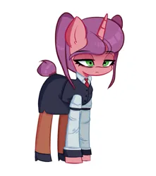 Size: 1319x1494 | Tagged: safe, artist:menalia, derpibooru import, carrot bun, pony, unicorn, bartender, cel shading, clothes, crossover, cyberpunk, female, image, lineart, mare, necktie, pigtails, png, shading, shirt, shoes, simple background, skirt, skirt suit, solo, suit, va-11 hall-a, vest, white background
