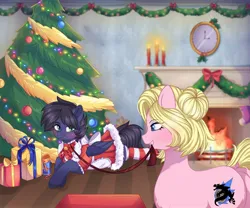 Size: 2048x1706 | Tagged: safe, artist:freyamilk, derpibooru import, oc, oc:fenris ebonyglow, oc:kara waypoint, unofficial characters only, earth pony, pegasus, pony, bell, bell collar, blushing, candle, christmas, christmas tree, clock, clothes, collar, crossdressing, dress, female, fire, fireplace, holiday, image, jpeg, leash, male, mare, present, stallion, tree, under the tree