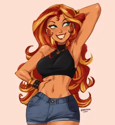 Size: 2280x2480 | Tagged: safe, artist:nire, derpibooru import, sunset shimmer, human, equestria girls, 2020s, 2022, arm behind head, armpits, ascended/redeemed villainess, belly button, big breasts, black nail polish, black topwear, blue bottomwear, blue eyes, blushing, bracelet, breasts, busty sunset shimmer, clothes, curvy, cyan eyes, denim, denim shorts, exposed belly, eyebrows visible through hair, eyelashes, female, freckles, front view, geode of empathy, hand on hip, happy, heroine, human coloration, image, jewelry, large voluminous hair, light skin, lips, long hair, magical geodes, makeup, metahuman, midriff, nail polish, near-pure good heroine, necklace, open mouth, open smile, peppered bacon, piercing, png, pose, sexy, short shirt, shorts, shoulder freckles, sideboob, simple background, smiling, solo, spiked wristband, standing, stupid sexy sunset shimmer, tan lines, tanned, teenager, two toned hair, up close, wide hips, wristband
