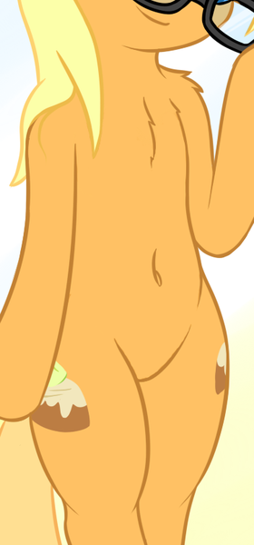 Size: 378x809 | Tagged: safe, artist:fearingfun, derpibooru import, edit, apple cobbler, earth pony, pony, semi-anthro, apple family member, belly, belly button, bipedal, chest fluff, cropped, glasses, image, pictures of bellies, png, smiling, solo