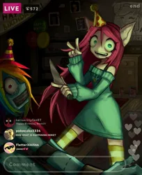 Size: 883x1080 | Tagged: semi-grimdark, artist:puperubi, derpibooru import, pinkie pie, rainbow dash, anthro, earth pony, pegasus, abuse, birthday, clothes, crying, dashabuse, hat, image, jpeg, knife, livestream, party hat, pinkamena diane pie, socks, this will end in death, this will end in pain, wide eyes