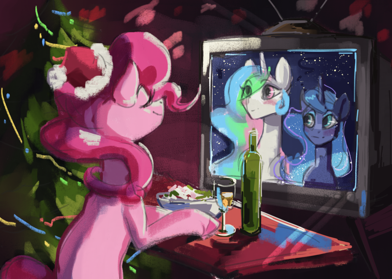 Size: 1748x1240 | Tagged: safe, artist:charlot, derpibooru import, pinkie pie, princess celestia, princess luna, alicorn, earth pony, pony, christmas, christmas tree, earth, happy new year, hat, holiday, image, parody, png, santa hat, sitting, television, tree