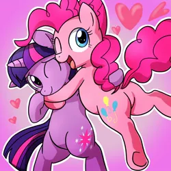 Size: 800x800 | Tagged: safe, artist:yosixi, derpibooru import, pinkie pie, twilight sparkle, earth pony, pony, unicorn, bipedal, butt, female, heart, horn, hug, image, jpeg, lesbian, mare, one eye closed, open mouth, open smile, plot, shipping, smiling, twinkie, unicorn twilight