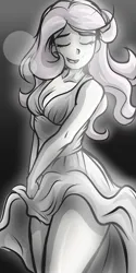 Size: 2000x4000 | Tagged: safe, artist:nolyanimeid, derpibooru import, fluttershy, equestria girls, black and white, breasts, cleavage, eyes closed, female, grayscale, image, jpeg, legs, marilyn monroe, mole, monochrome, open mouth, sleeveless, solo, solo female, white dress