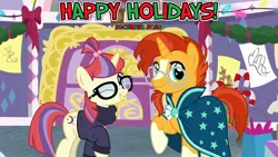 Size: 2064x1161 | Tagged: safe, artist:chainchomp2 edits, artist:jhayarr23, artist:not-yet-a-brony, derpibooru import, edit, moondancer, sunburst, unicorn, 2022, christmas, december, duo, friendship, happy holidays, hearth's warming, holiday, image, librarian, png, school of friendship, song reference, vice principal sunburst, youtube link in the description