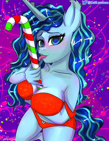 Size: 2988x3860 | Tagged: explicit, artist:cali luminos, derpibooru import, anthro, unicorn, g5, breasts, busty misty, candy, candy cane, christmas, clothes, commission, fanart, female, food, holiday, image, jpeg, licking, lingerie, misty brightdawn, tongue out