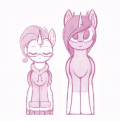 Size: 862x868 | Tagged: safe, artist:shydale, derpibooru import, oc, oc:startrail, oc:yodi, pony, unicorn, clothes, coat markings, ear fluff, eyes closed, height difference, hoodie, image, jpeg, monochrome, size difference, sketch, socks (coat marking)