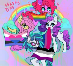 Size: 1020x924 | Tagged: safe, artist:batthsalts, derpibooru import, fluttershy, pinkie pie, rarity, vinyl scratch, earth pony, pegasus, pony, unicorn, asexual pride flag, bisexual pride flag, ear piercing, female, gay pride flag, glasses, image, jpeg, mouth hold, mouthpiece, piercing, politics, pride, pride flag, smiling