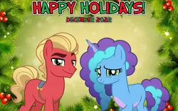 Size: 2064x1289 | Tagged: safe, artist:not-yet-a-brony, artist:orin331, derpibooru import, sprout cloverleaf, earth pony, unicorn, g5, my little pony: make your mark, 2022, christmas, december, duo, friendship, g4, g5 to g4, generation leap, happy holidays, hearth's warming, holiday, image, misty brightdawn, png, smiling, youtube link in the description