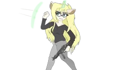 Size: 3840x2160 | Tagged: safe, artist:straighttothepointstudio, derpibooru import, oc, unofficial characters only, anthro, unicorn, angry, anthro oc, clothes, digital art, ear fluff, female, freckles, g5, glasses, gun, image, long hair, magic, mp5, png, simple background, solo, submachinegun, transparent background, weapon