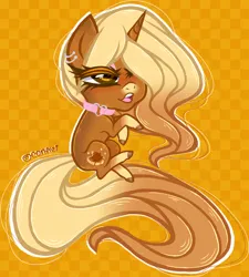 Size: 1280x1422 | Tagged: safe, artist:conflei, derpibooru import, oc, unofficial characters only, pony, unicorn, abstract background, chibi, collar, ear piercing, earring, eyelashes, female, hair over one eye, hoof polish, hoofy-kicks, horn, image, jewelry, jpeg, mare, piercing, solo, unicorn oc