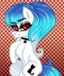 Size: 872x1024 | Tagged: safe, artist:conflei, derpibooru import, oc, unofficial characters only, earth pony, pony, abstract background, choker, earth pony oc, eyelashes, female, frown, image, lidded eyes, makeup, mare, paw prints, png, solo