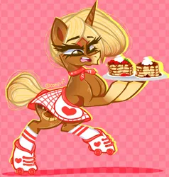 Size: 1280x1344 | Tagged: safe, artist:conflei, derpibooru import, oc, unofficial characters only, pony, unicorn, 1950s, 50s, abstract background, bipedal, clothes, eyelashes, female, food, horn, image, jpeg, mare, pancakes, roller skates, skates, skirt, solo, tray, unicorn oc