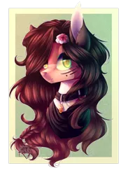 Size: 2094x2864 | Tagged: safe, artist:prettyshinegp, derpibooru import, oc, unofficial characters only, earth pony, pony, bedroom eyes, bust, collar, ear piercing, earring, earth pony oc, female, flower, flower in hair, image, jewelry, mare, piercing, png, simple background, smiling, solo, transparent background