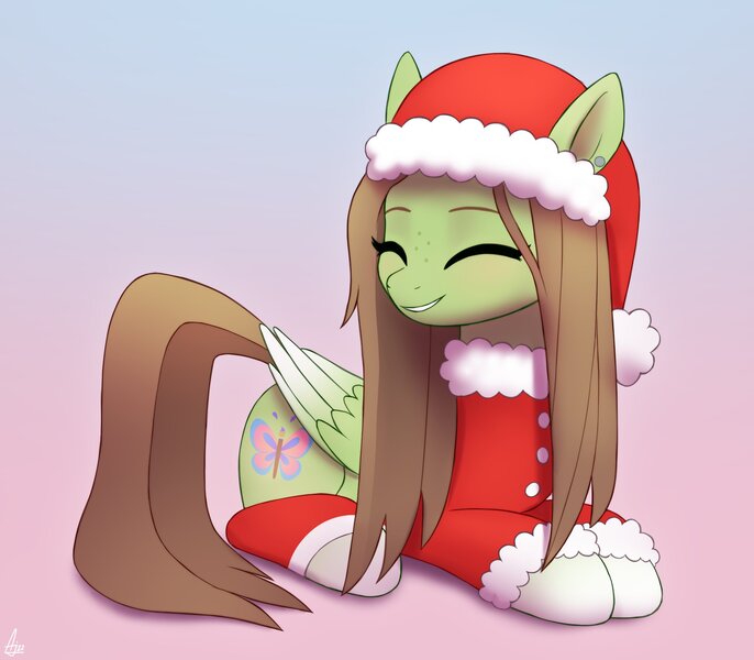 Size: 2000x1750 | Tagged: safe, artist:luminousdazzle, derpibooru import, oc, oc:lumi, unofficial characters only, pegasus, pony, christmas, clothes, eyes closed, female, freckles, gradient background, hat, holiday, image, jpeg, lying down, mare, pegasus oc, prone, santa hat, smiling, solo, wings