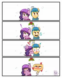 Size: 1628x2059 | Tagged: safe, artist:aceslingerexo, derpibooru import, hitch trailblazer, pipp petals, earth pony, pegasus, pony, blush sticker, blushing, cap, christmas, comic, duo, duo male and female, emanata, exclamation point, eyes closed, female, g5, hat, hitchpipp, holiday, holly, holly mistaken for mistletoe, image, jpeg, kiss on the cheek, kissing, laughing, male, mare, shipping, simple background, smiling, stallion, straight, white background