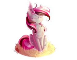 Size: 2800x2169 | Tagged: safe, artist:prettyshinegp, derpibooru import, oc, oc:abigail, unofficial characters only, earth pony, pony, chest fluff, earth pony oc, eyes closed, female, flower, flower in hair, grass, image, mare, png, simple background, smiling, solo, transparent background