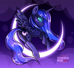 Size: 2200x2000 | Tagged: safe, artist:loverashley, derpibooru import, princess luna, alicorn, pony, crescent moon, ear fluff, female, glow, glowing eyes, image, mare, moon, png, smiling, solo, tangible heavenly object, transparent moon