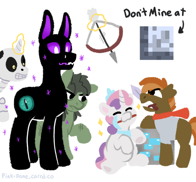 Size: 1000x930 | Tagged: safe, artist:pink-pone, derpibooru import, button mash, sweetie belle, ponified, earth pony, enderman, enderpony, pony, skeleton pony, undead, unicorn, zombie, zombie pony, don't mine at night, :3, armor, arrow, bone, bow (weapon), bow and arrow, diamond armor, diamond ore, eyes closed, gritted teeth, image, minecraft, mouth hold, pickaxe, png, skeleton, sword, teeth, weapon