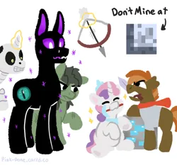 Size: 1000x930 | Tagged: safe, artist:pink-pone, derpibooru import, button mash, sweetie belle, ponified, earth pony, enderman, enderpony, pony, skeleton pony, undead, unicorn, zombie, zombie pony, don't mine at night, :3, armor, arrow, bone, bow (weapon), bow and arrow, diamond armor, diamond ore, eyes closed, gritted teeth, image, minecraft, mouth hold, pickaxe, png, skeleton, sword, teeth, weapon
