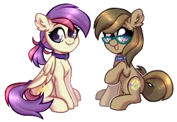 Size: 1436x993 | Tagged: safe, artist:caligula, artist:fluttershykin, derpibooru import, oc, oc:dawnsong, oc:evensong, unofficial characters only, earth pony, pegasus, derpibooru community collaboration, 2023 community collab, choker, collar, duo, glasses, image, png, ponytail