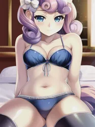 Size: 512x683 | Tagged: suggestive, derpibooru import, editor:sammykun, machine learning generated, novelai, stable diffusion, sweetie belle, human, bed, blue underwear, breasts, clothes, humanized, image, jpeg, legwear, looking at you, sexy, small breasts, spread legs, spreading, teenager, underwear