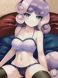 Size: 512x683 | Tagged: suggestive, derpibooru import, editor:sammykun, machine learning generated, novelai, stable diffusion, sweetie belle, human, bed, breasts, busty sweetie belle, clothes, cutie mark crusaders, humanized, image, jpeg, looking at you, midriff, panties, pillow, reasonably sized breasts, sexy, shirt, sitting, smiling, smiling at you, teenager, underwear