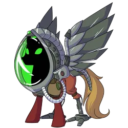 Size: 2000x2000 | Tagged: semi-grimdark, artist:floots, derpibooru import, oc, oc:silent spring, cyborg, pegasus, pony, armor, clothes, cyber legs, cybernetic wings, image, jumpsuit, obscured face, png, solo, wings
