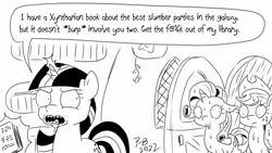 Size: 1200x675 | Tagged: safe, artist:pony-berserker, derpibooru import, applejack, rarity, twilight sparkle, look before you sleep, angry, book, confused, golden oaks library, image, implied aliens, jpeg, library, magic, pony-berserker's twitter sketches, pony-berserker's twitter sketches (2022), telekinesis, twirick