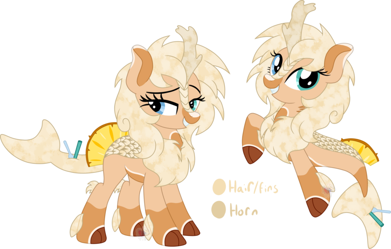 Size: 3602x2296 | Tagged: safe, artist:pure-blue-heart, derpibooru import, oc, kirin, merpony, pony, adoptable, blonde hair, closed species, cocktail colt, female, fins, food, heterochromia, image, liquid hair, mare, pineapple, png, simple background, spoon, straw, transparent background