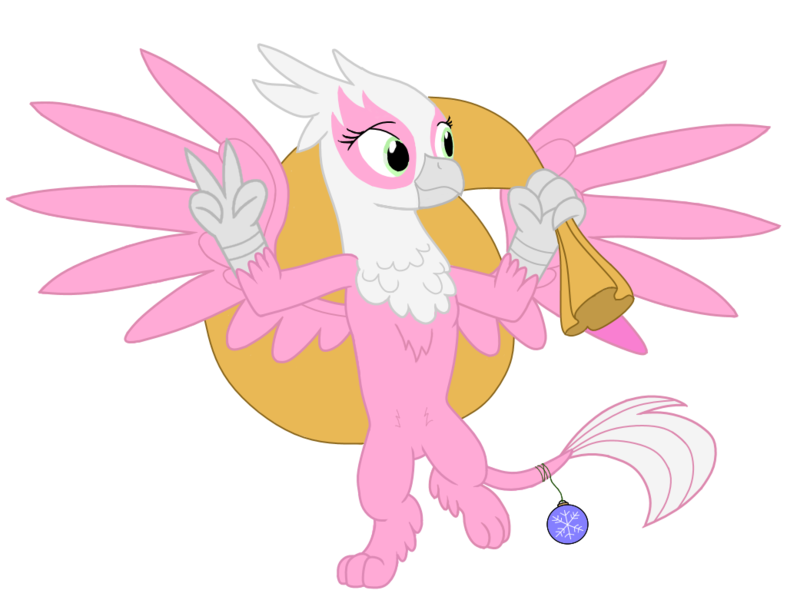 Size: 1024x781 | Tagged: safe, artist:discordant creations, derpibooru import, oc, oc:happy go plucky, unofficial characters only, gryphon, bauble, griffon oc, image, peace sign, png, sack, secret santa