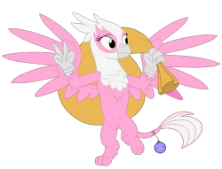 Size: 1024x781 | Tagged: safe, artist:discordant creations, derpibooru import, oc, oc:happy go plucky, unofficial characters only, gryphon, bauble, griffon oc, image, peace sign, png, sack, secret santa