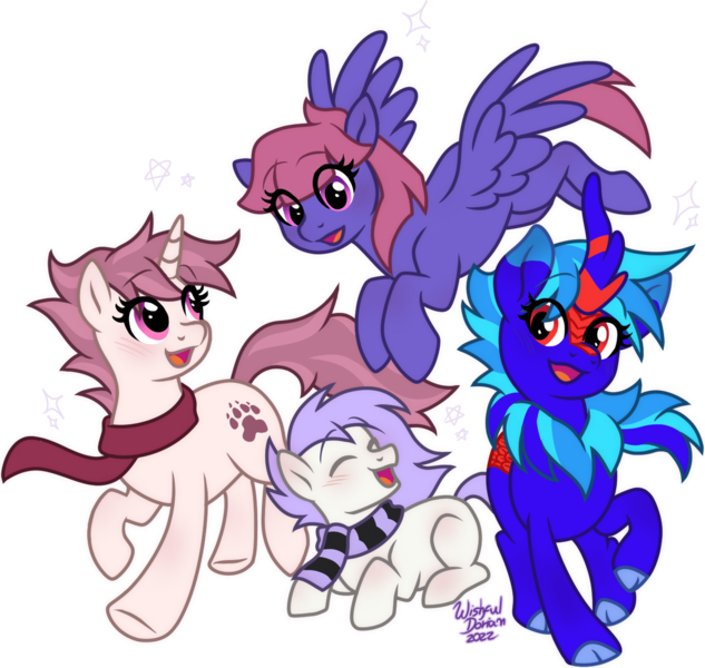 Size: 1377x1305 | Tagged: safe, artist:wishfuldorian, derpibooru import, oc, oc:fluffy shadow, oc:mockery, oc:trixie cutiepox, oc:white squirrel, unofficial characters only, earth pony, kirin, pegasus, pony, unicorn, blue body, blue hair, blushing, clothes, cloven hooves, colt, crouching, digital art, earth pony oc, eyes closed, female, flying, foal, group, horn, image, kirin oc, looking back, male, mane, mare, open mouth, open smile, pegasus oc, pink eyes, pink hair, png, purple body, purple hair, red eyes, scarf, simple background, smiling, spread wings, striped scarf, tail, transparent background, two toned mane, two toned tail, unicorn oc, white body, wings
