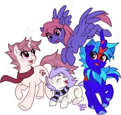 Size: 1377x1305 | Tagged: safe, artist:wishfuldorian, derpibooru import, oc, oc:fluffy shadow, oc:mockery, oc:trixie cutiepox, oc:white squirrel, unofficial characters only, earth pony, kirin, pegasus, pony, unicorn, blue body, blue hair, blushing, clothes, cloven hooves, colt, crouching, digital art, earth pony oc, eyes closed, female, flying, foal, group, horn, image, kirin oc, looking back, male, mane, mare, open mouth, open smile, pegasus oc, pink eyes, pink hair, png, purple body, purple hair, red eyes, scarf, simple background, smiling, spread wings, striped scarf, tail, transparent background, two toned mane, two toned tail, unicorn oc, white body, wings