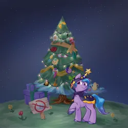 Size: 4096x4096 | Tagged: safe, artist:felldeal, derpibooru import, izzy moonbow, pony, unicorn, series:daily drawing december, g5, my little pony: a new generation, bracelet, christmas, christmas star, christmas tree, clothes, cup, female, flower, friendship bracelet, holiday, hooded cape, image, izzy impaling things, jewelry, jpeg, mare, present, raised hoof, ribbon, sign, smiling, sneaksy, table, teacup, teapot, tree