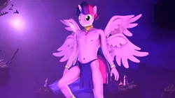 Size: 3840x2160 | Tagged: suggestive, artist:feathertrap, ponybooru import, twilight sparkle, alicorn, anthro, amulet, bare chest, bracelet, choker, clothes, dusk shine, image, jewelry, loincloth, looking at you, male, partial nudity, png, rule 63, smiling, smiling at you, solo, solo male, topless, void, wings