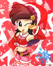 Size: 2015x2490 | Tagged: safe, artist:rjp.rammy, derpibooru import, oc, unnamed oc, unofficial characters only, human, equestria girls, :o, adorasexy, armpits, belly button, blushing, breasts, christmas, cute, female, hat, holiday, image, looking at you, ocbetes, one eye closed, open mouth, png, santa hat, sexy, smiling, smiling at you, solo, wink, winking at you