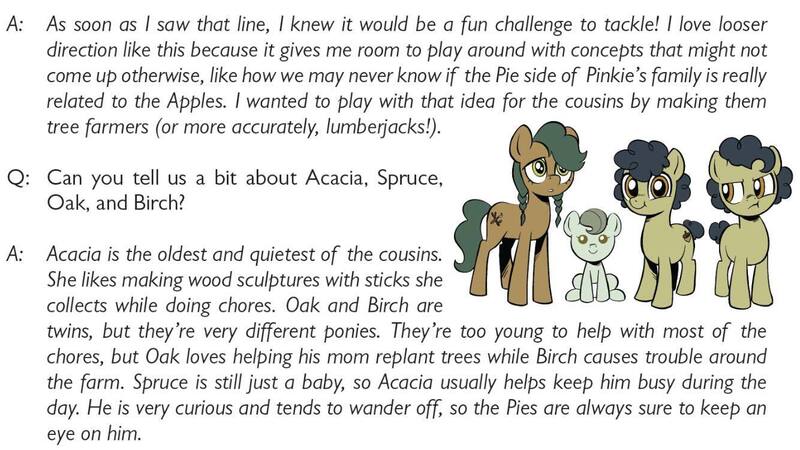 Size: 1334x750 | Tagged: safe, artist:robin easter, derpibooru import, idw, earth pony, pony, spoiler:comic, spoiler:comic99, acacia pie, baby, baby pony, birch pie, colt, female, filly, foal, g4, group, image, interview, jpeg, male, oak pie, quartet, season 10, siblings, simple background, spruce pie, text, twins, white background