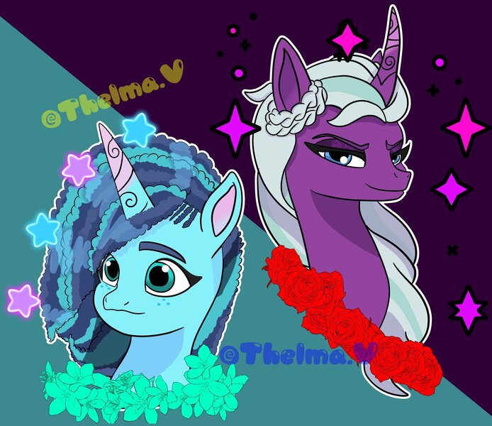 Size: 4096x3543 | Tagged: safe, artist:thelmavillagra, derpibooru import, opaline, g5, my little pony: make your mark, spoiler:g5, spoiler:my little pony: make your mark, bust, duo, image, jpeg, misty brightdawn, portrait