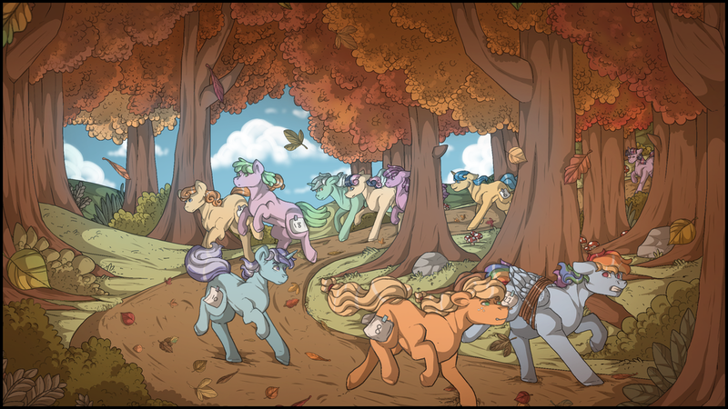 Size: 1280x720 | Tagged: safe, artist:binibean, derpibooru import, applejack, berry punch, berryshine, bon bon, carrot top, golden harvest, lyra heartstrings, rainbow dash, sweetie drops, twilight sparkle, earth pony, pegasus, pony, unicorn, fall weather friends, autumn, bound wings, falling leaves, female, image, leaves, mare, png, rope, running, running of the leaves, unicorn twilight, wings