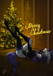 Size: 820x1180 | Tagged: safe, artist:stirren, derpibooru import, rarity, anthro, unguligrade anthro, bed, bells, christmas, christmas tree, clothes, dressing up, female, holiday, image, jingle bells, jpeg, leotard, lying down, on back, onesie, pine tree, pinup, pulling, socks, solo, tree