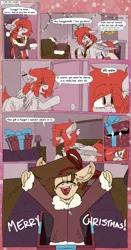 Size: 1799x3430 | Tagged: safe, artist:kirbirb, derpibooru import, oc, oc:scarlett lane, oc:snaggletooth, unofficial characters only, pegasus, pony, bow, chat bubble, christmas, comic, duo, hair bow, hat, holiday, image, male, png, present, santa hat
