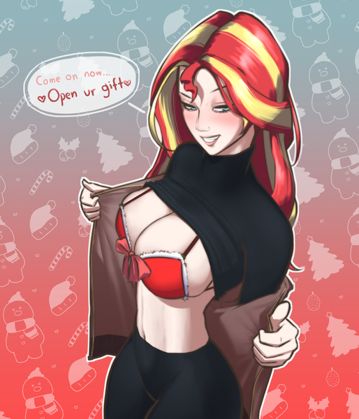 Size: 3000x3500 | Tagged: suggestive, artist:guyser3, derpibooru import, sunset shimmer, human, belly button, bra, breasts, busty sunset shimmer, christmas, clothes, female, high res, holiday, humanized, image, jpeg, revealing, solo, solo female, speech bubble, underwear